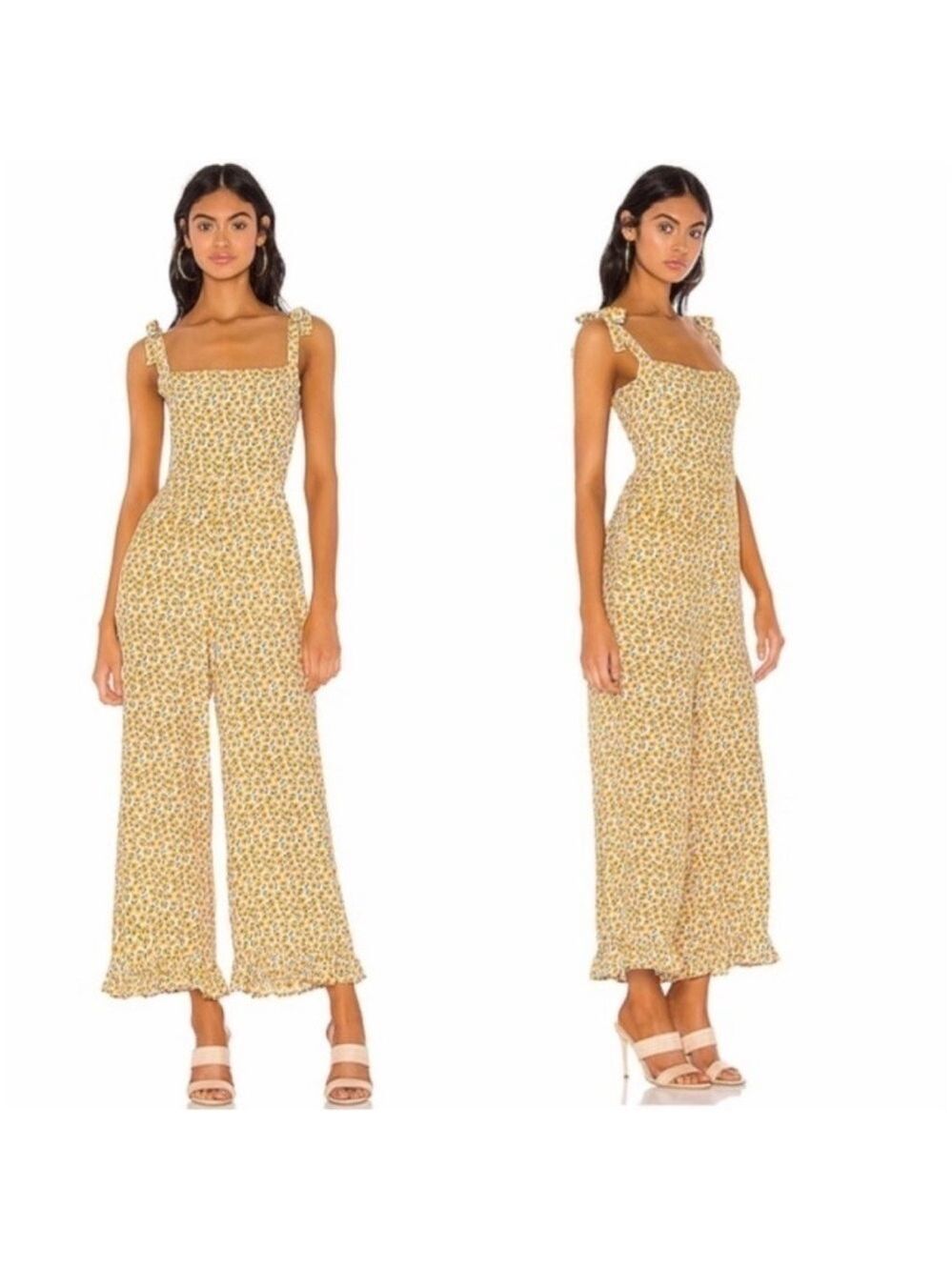 Faithfull The Brand Frankie Yellow Floral Print Tie Strap Wide Leg Jumpsuit